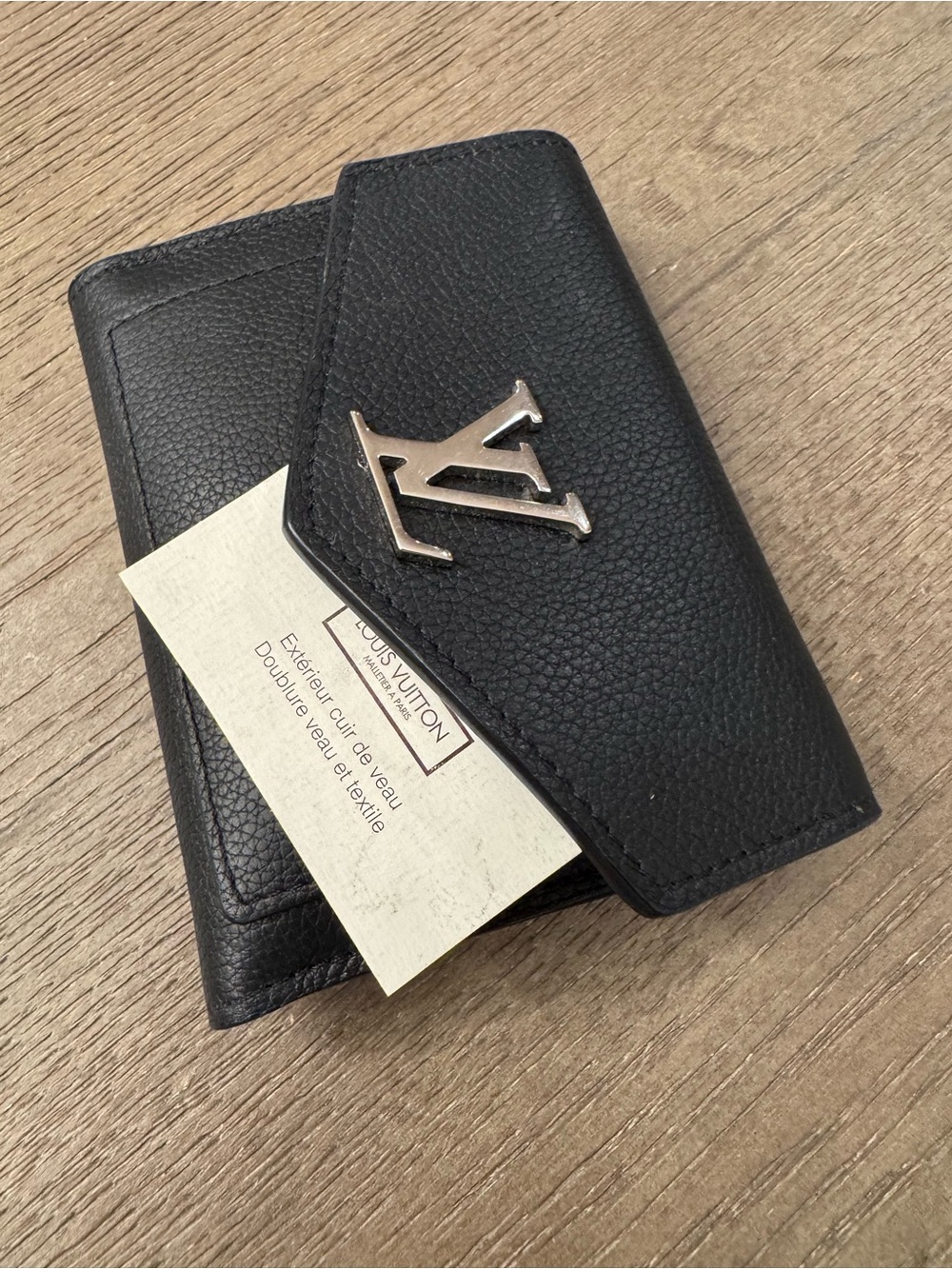 Louis Vuitton Black Grained Leather Card Holder with Silver LV Emblem